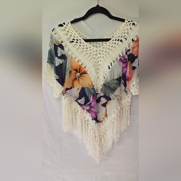 Miss Me Sweaters - Miss Me Floral Crochet Fringe Boho Festival Colorful Poncho Tunic Top Size S